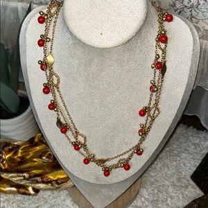 Gold and Coral Red Beaded Necklace